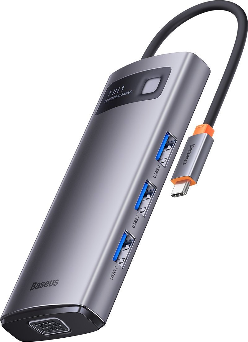 Rozbočovač 7v1 Baseus radu Metal Gleam, USB-C na 3x USB 3.0 + HDMI + USB-C PD + VGA + Ethernet RJ45