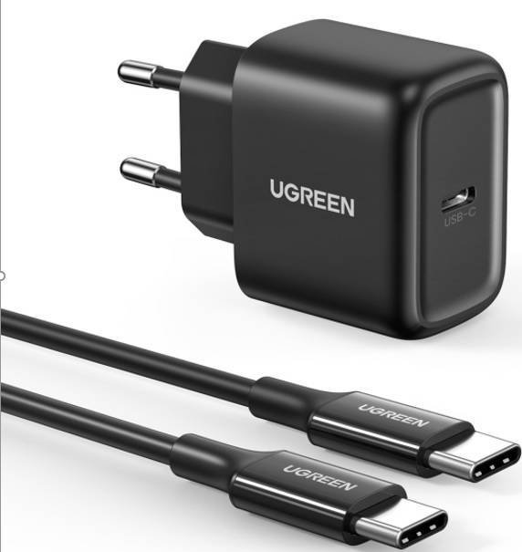 Ugreen Nabíječka UGREEN CD250 do sítě, 25W, USB-C (černá) + kabel USB-C na USB-C, 2m (černý)