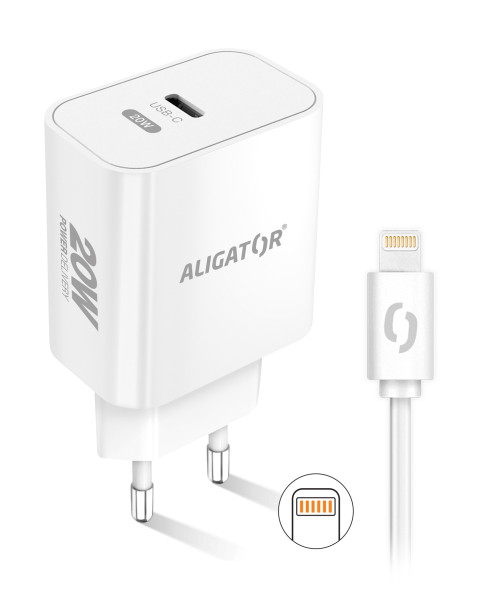 Chytrá síťová nabíječka ALIGATOR Power Delivery 20W, USB-C kabel pro iPhone/iPad, bílá