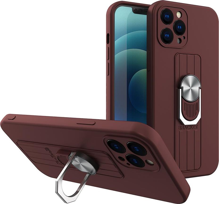 Silikónové puzdro Hurtel Ring Case s držiakom na prst a stojanom pre Samsung Galaxy A42 5G hnedé