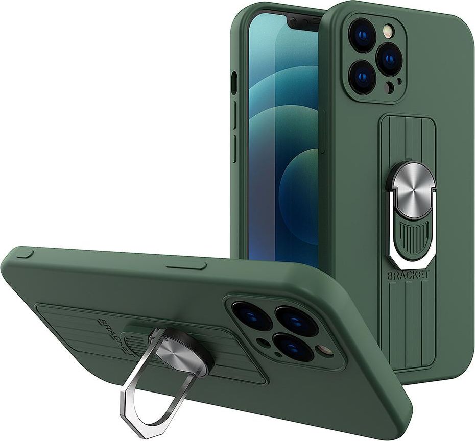 Silikónové puzdro Hurtel Ring Case s krúžkom na prst a stojanom pre Samsung Galaxy A72 4G tmavo zelené
