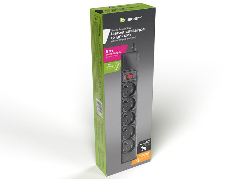 Prodlužovací kabel Tracer PowerGear 5m Černý prodlužovací kabel, 5 zásuvek