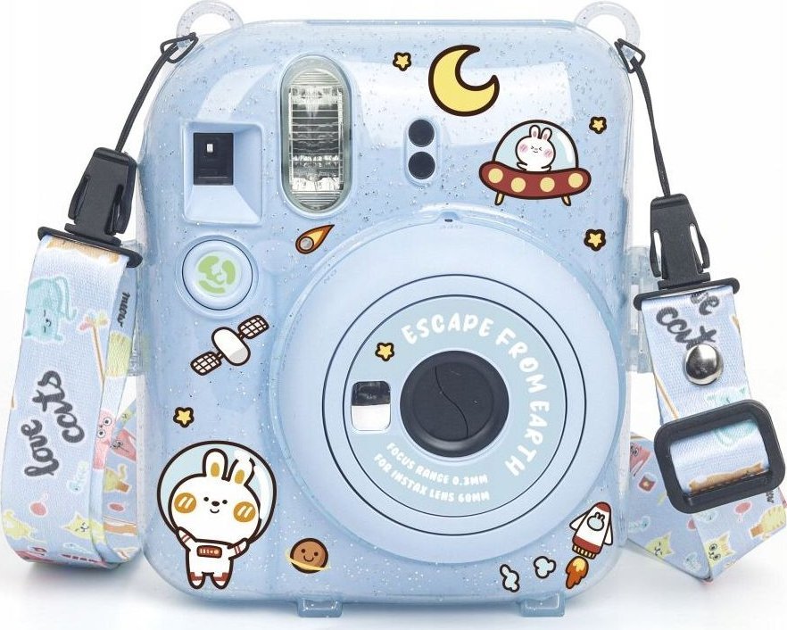 LoveInstant Cover Sleeve Cover Case pre FujiFilm Fuji INSTAX Mini 12 + nálepky a vrecko na fotografie / Escape from Earth / Modré trblietky