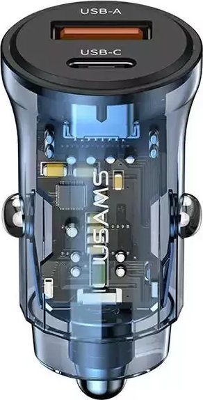 USAMS Nabíječka do auta 30W 1xUSB+1xUSB-C rychlonabíjení Modrá