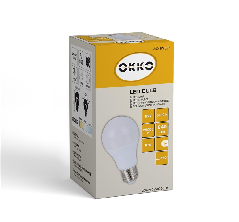 LED žárovka OKKO, A60, E27, 9 W, 806 lm, 3000 K