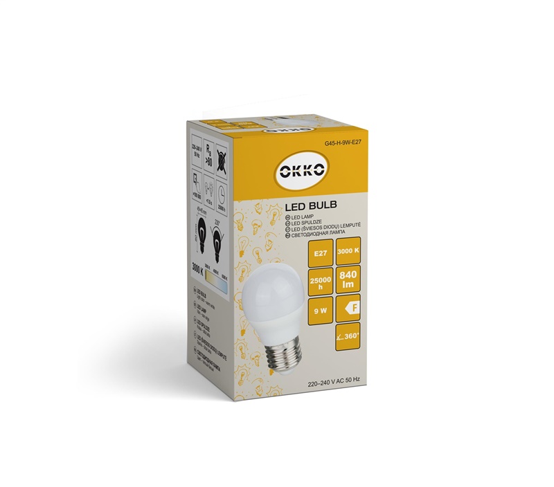 LED žárovka OKKO, G45, E27, 9 W, 840 lm, 3000 K
