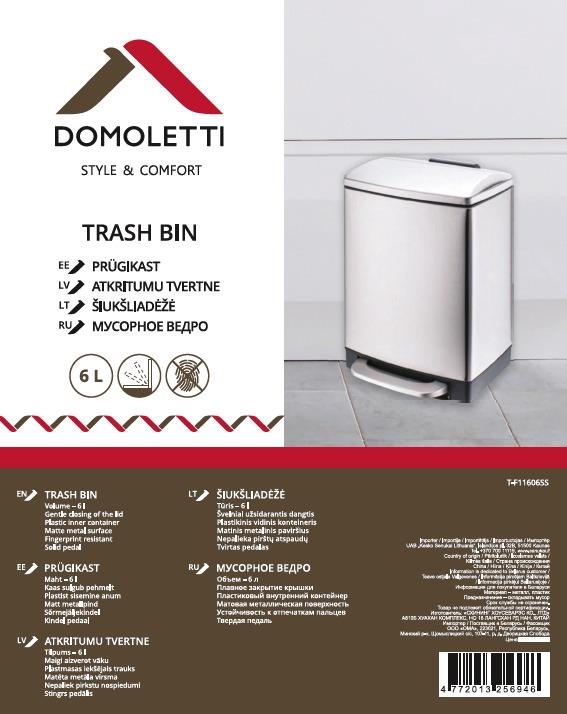 Čtvercová popelnice s pedálem DOMOLETTI, 6 l, mat. sid.