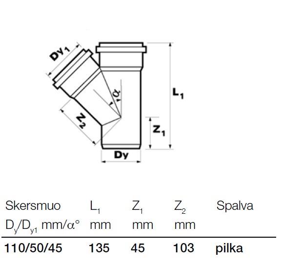 T-kus vnitřní kanalizace Wavin, O 50 / 110 mm, 45°