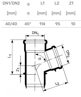 T-kus vnitřní kanalizační HTplus, O40/40 mm, 45°, bílý
