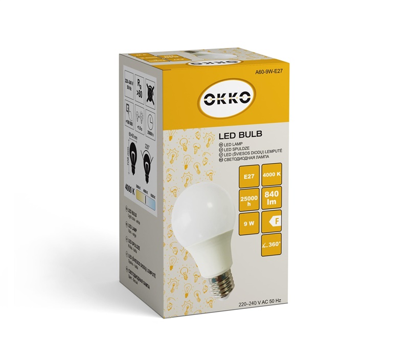 LED žárovka OKKO, A60, E27, 9 W, 840 lm, 4000 K