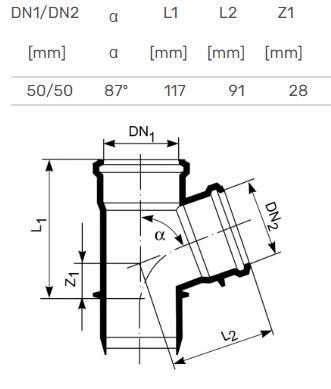 T-kus vnitřní kanalizační HTplus, O50/50 mm, 87°, bílý