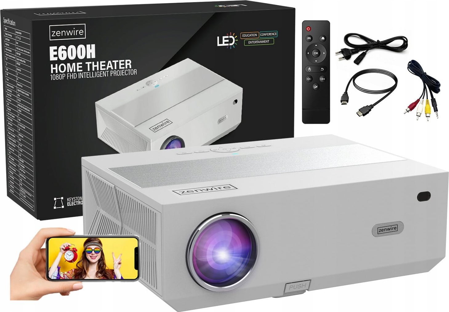 Projektor Zenwire Projektor Projektor Android 9.0 SMART TV Full HD 4K 13500lm 450 Ansi 5000:1 WiFi 2,4/5 GHz Miracast Aircast Bluetooth 5.1 AutoKeystone Zenwire e600h