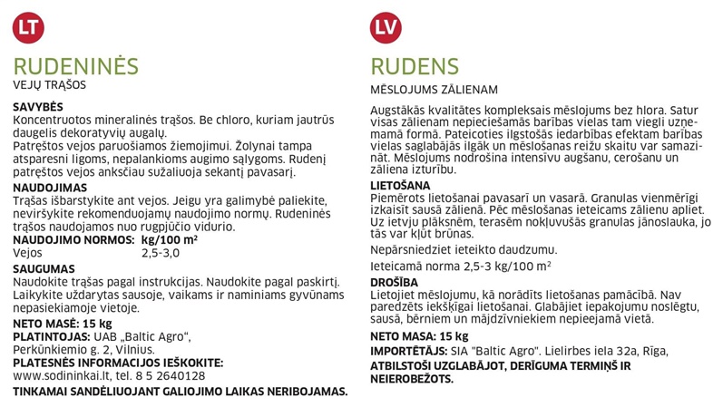 Jesenné hnojivá na trávniky Baltic Agro, 15 kg