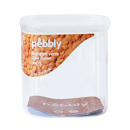 Dóza Pebbly, PKV-044, skleněná, čtverec, na jídlo, skleněné víko, 800 ml, 11 x 11 x 11 cm