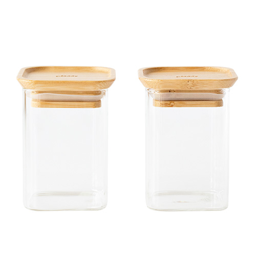Sada dóz Pebbly, PKV-047, sada 2 ks, skleněné, čtvercové, na potraviny, 240 ml, bambusové víko, 6 x 6 x 9 cm