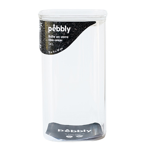 Dóza Pebbly, PKV-045, skleněná, čtverec, na jídlo, skleněné víko, 1,4 l, 11 x 19 x 11 cm
