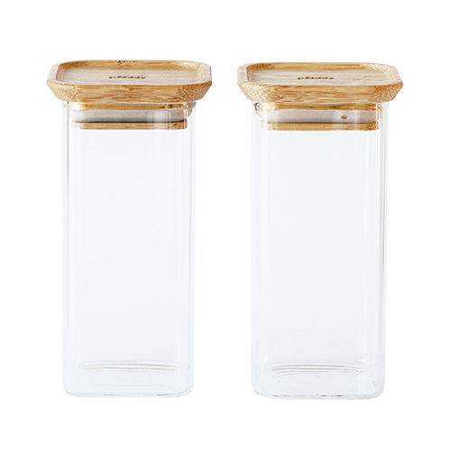 Dózy Pebbly, PKV-048, sada 2 ks, skleněné, čtvercové, na potraviny, 320 ml, bambusové víko, 6 x 6 x 13,5 cm