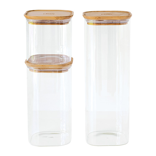 Sada dóz Pebbly, PKV-035, sada 3 ks, skleněná, čtverec, na jídlo, 0,8 ml, 1,4 a 2,2 l, bambusové víko