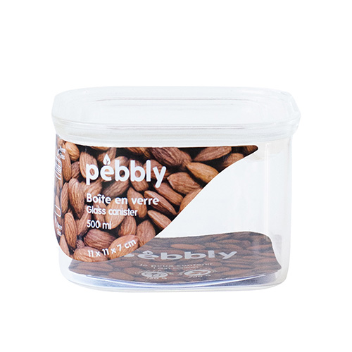 Dóza Pebbly, PKV-043, skleněná, čtverec, na jídlo, skleněné víko, 500 ml, 11 x 7 x 11 cm