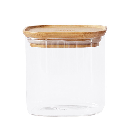 Dóza Pebbly, PKV-005, skleněná, 800 ml, čtverec, bambusové víko, 11 x 11 x 11 cm