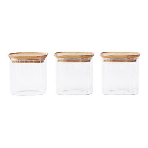 Sada dóz Pebbly, PKV-015, set 3ks, skleněné, čtvercové, 800 ml, bambusové víko, 11 x 11 x 11 cm