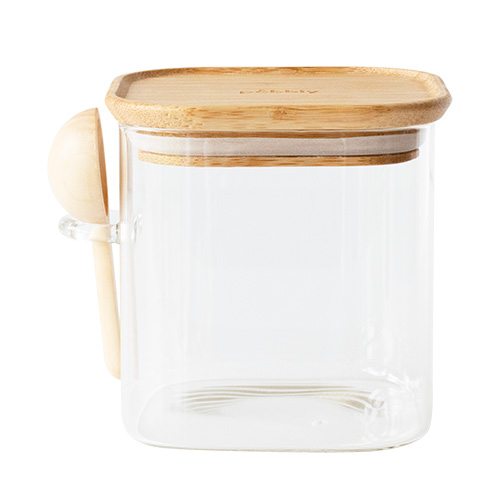 Dóza Pebbly, PKV-049, skleněná, čtvercová, na potraviny, 800 ml, bambusové víko, odměrka 5 ml, 11 x 11 x 11 cm