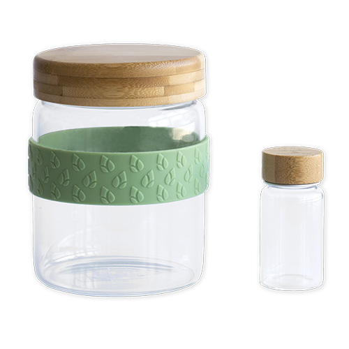 Dózy Pebbly, PKV-031, set 2 ks, skleněné, kulaté, cestovní, bambusové víko s uzávěrem, 700 ml a 50 ml, silikonový protiskluzový pásek, 10x 10 x 13 cm, 3,5 x 3,5 x 7,5 cm