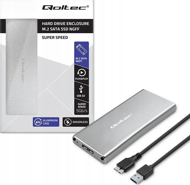 Qoltec 51833 Enclosure | M.2 SSD drive | SATA | NGFF| USB 3.0 | Super speed 5GB/s | 2TB | Silver