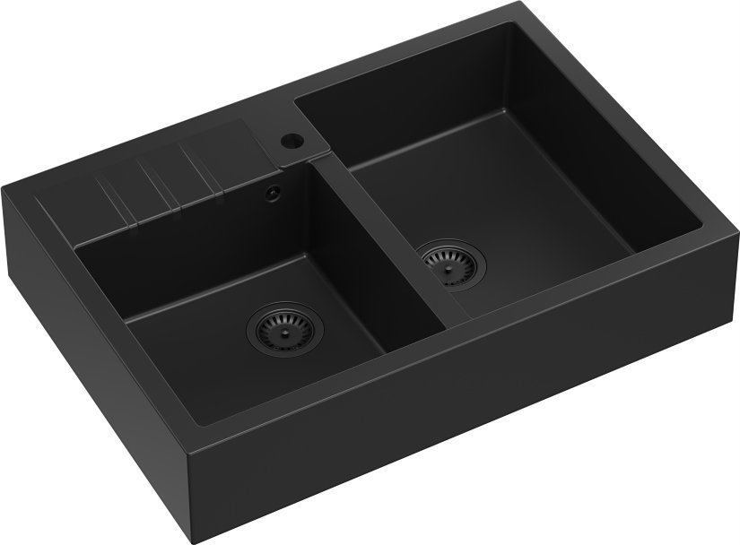 GraniteQ Quadron dřez | BILL 120 | granitový kuchyňský dřez ČERNÁ matná | rozměry: 90 x 62 x 20,5 cm | 2komorový namontovaný na skříňce | základna skříňky: od 90 cm