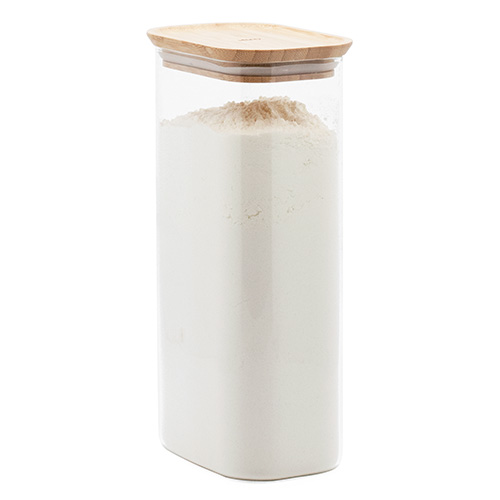 Dóza Pebbly, PKV-069, skleněná, objem 1,8 L, obdelníkový tvar, bambusové víko, zaoblené hrany