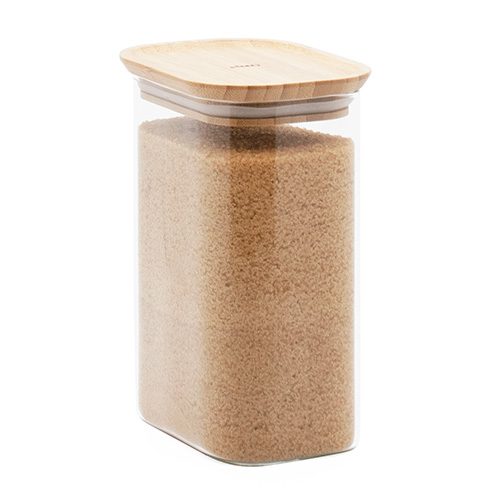 Dóza Pebbly, PKV-068, skleněná, objem 1,2 l, bambusové víko, obdelníkový tvar, zaoblené hrany