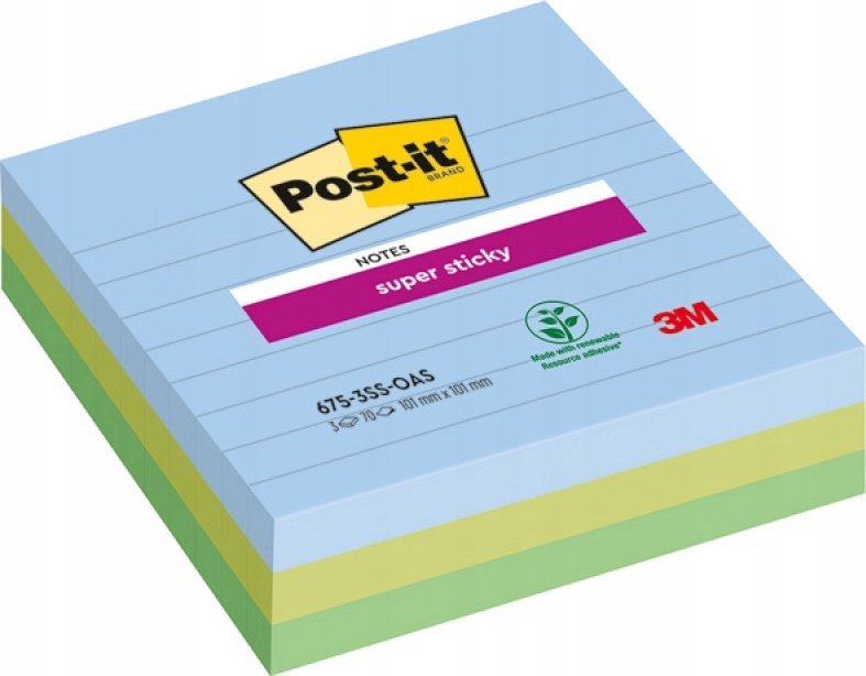 Lepicí papírky Post-it® Super Sticky XL, OASIS, linkované, 101x101mm, 3x70 karet.