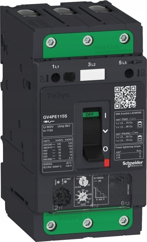 Schneidere Schneider Tesys GV4PE115B Switch Magnetotermic Motor GV4, 3 pole, 115a, ICU = 25ka, páka, Everlink Grey Clamps