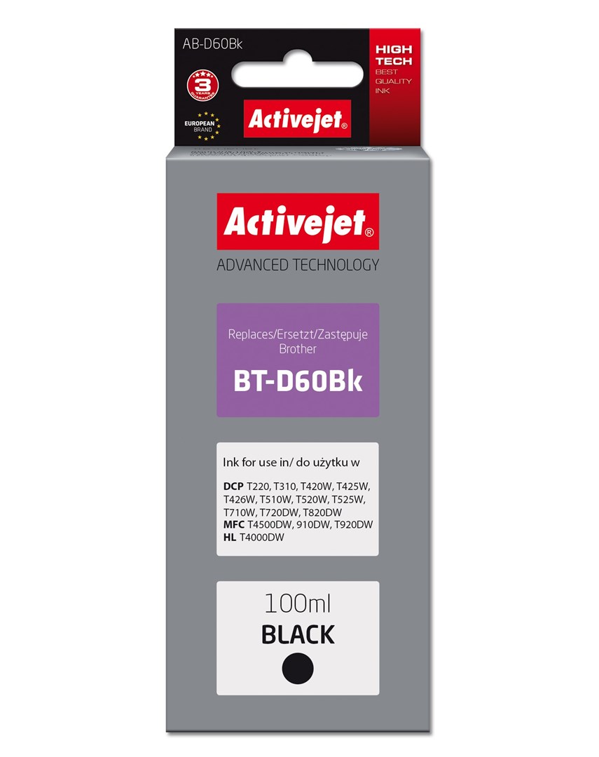 Inkoustová kazeta Activejet AB-D60Bk (náhrada za Brother BT-D60Bk; Supreme; 100 ml; černá)