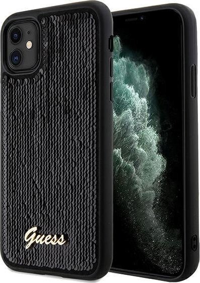 Guess Guess GUHCN61PSFDGSK pevný kryt pro iPhone 11 / Xr 6.1 černý/černý s flitrovanými textilními motivy, kovový