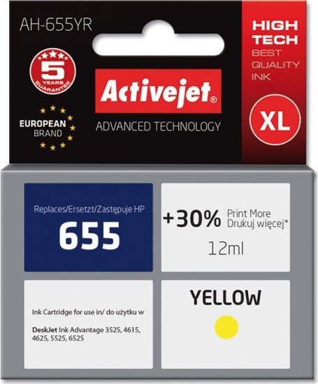 Activejet AH-655YR ink for HP printer; HP 655 CZ112AE replacement; Premium; 12 ml; yellow