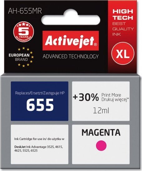 Activejet AH-655MR ink for HP printer; HP 655 CZ111AE replacement; Premium; 12 ml; magenta