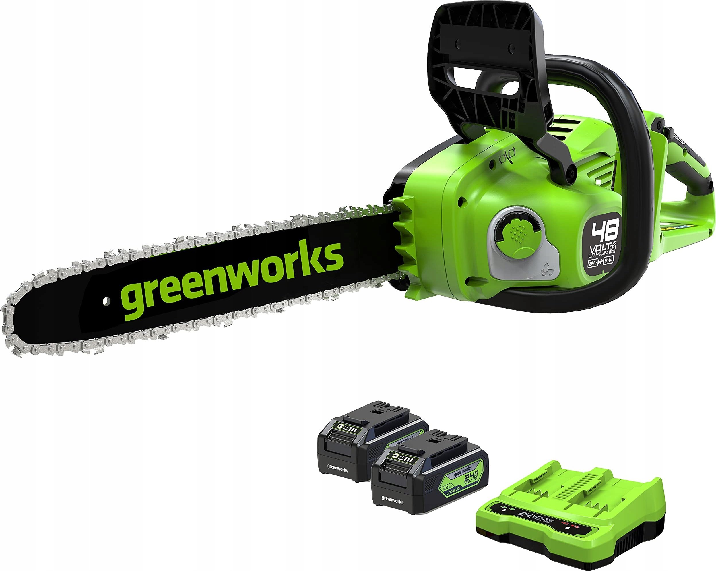 Greenworks reťazová píla 2x24 V Greenworks 36 cm sada GD24X2CS36K4X s nabíjačkou a 2x akumulátory 4,0 Ah