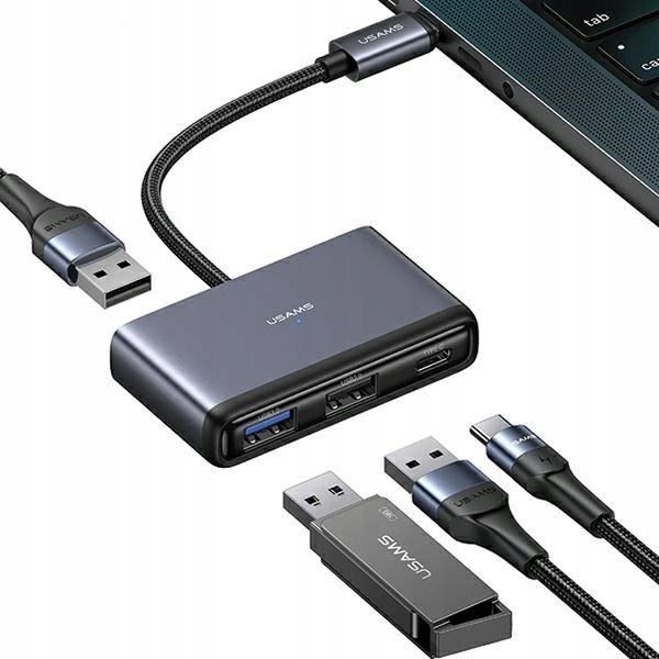 Usams USB HUB Adaptér US-SJ627 HUB 4v1 USB-C / 2xUSB-A 2.0,USB-A 3.0,USB-C šedý/tmavě šedý