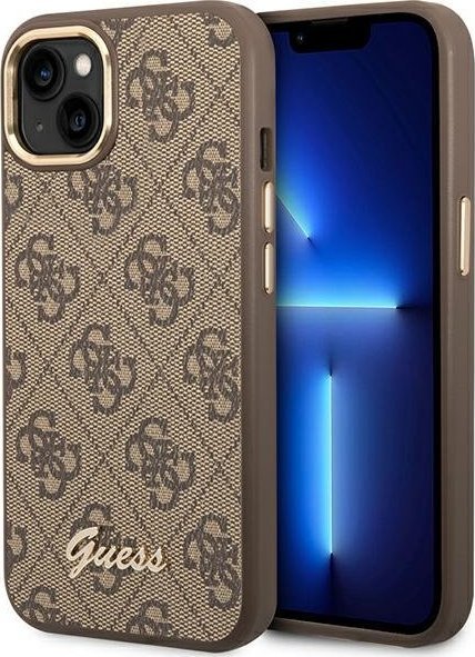 Pouzdro Guess  pro iPhone 14 6.1 hnědé/hnědé pevné pouzdro 4G Vintage Gold Logo
