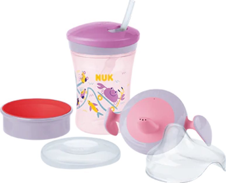 NUK Trinklernset mit drei Trinkaufsätzen lila/rosa