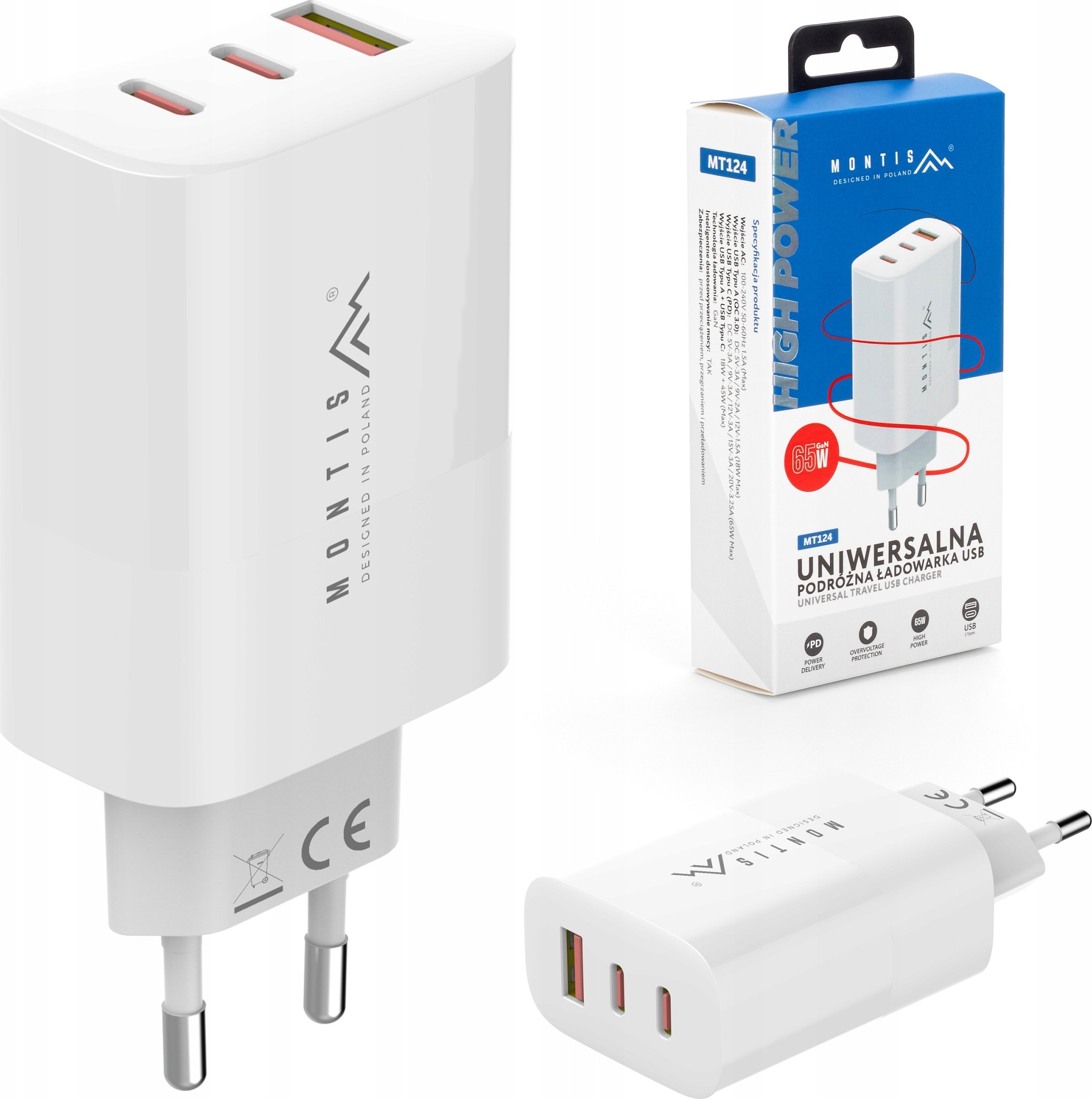 Montis USB Type A + 2x USB Type C nástěnná nabíječka 65W MT124 Montis