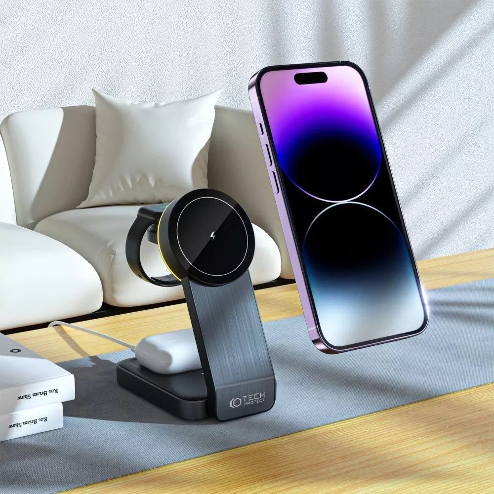 Tech-Protect Bezdrátová nabíječka MagSafe, bezdrátová nabíječka Tech-Protect Qi15W-A28 3v1 s magnetickou technologií, černá