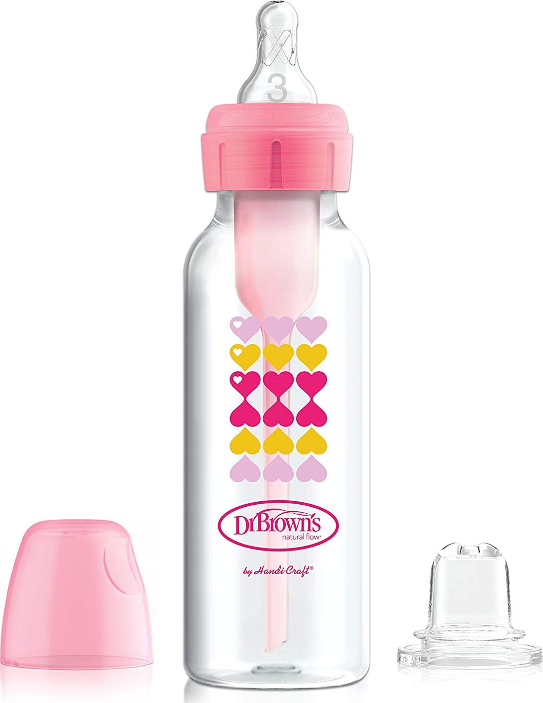 Dr Browns Láhev Dr. Browns s dudlíkem a hubičkou 250ml růžová srdíčka 6m+ Dr. Browns
