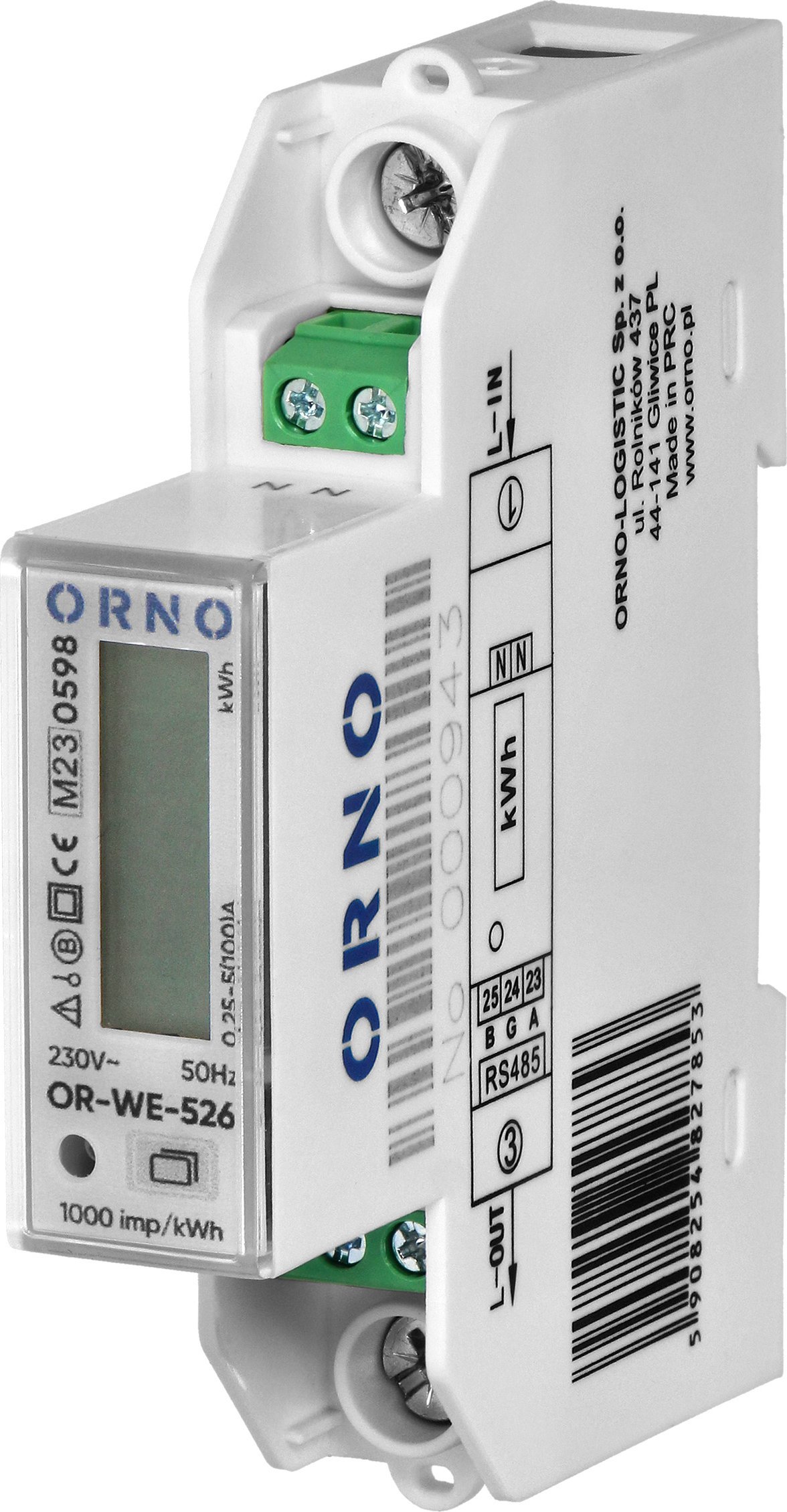 Orno 1fázový elektroměr 100A, multitarif, port RS-485, MID, 1 modul, DIN TH-35mm, PV