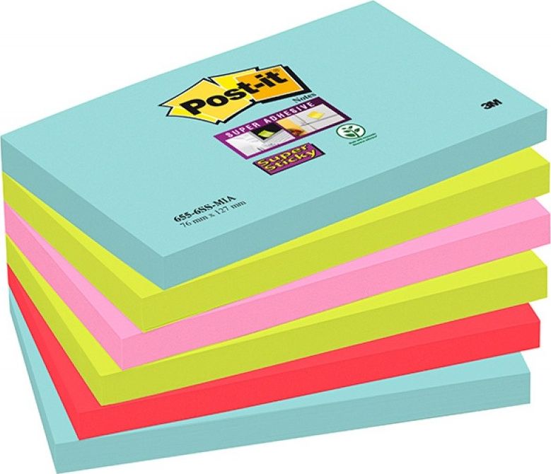 Post-it Sticky notes POST-IT Super Sticky (655-6SS-MIA), 76x127mm, 6x90 karet, Miami paletka