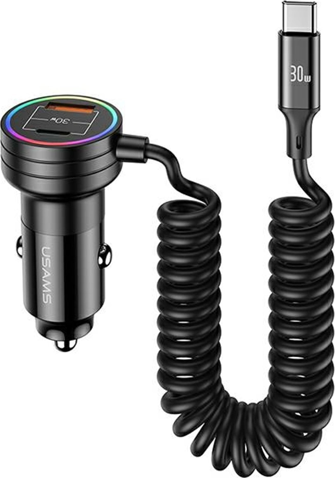 Nabíječka Usams Nabíječka do auta s pružinovým kabelem USAMS 2xUSB-C 1xUSB-A C33 60W černá CC167CC01 (US-CC167)