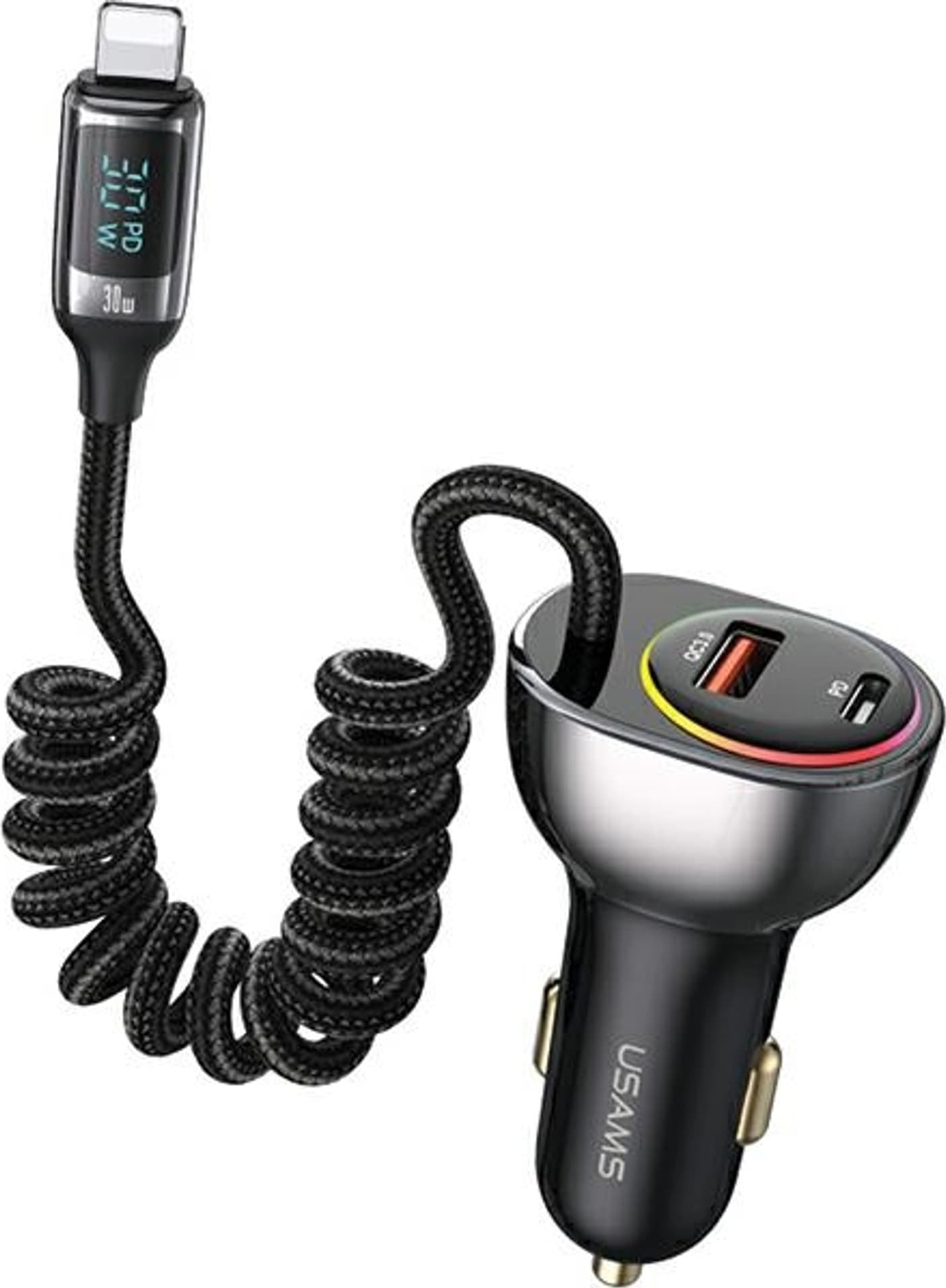 Usams nabíječka USAMS autonabíječka US-CC193 1xUSB-A 18W+1xUSB-C 30W + Svítící kabel 30W PD+QC Fast Charge černá/černá