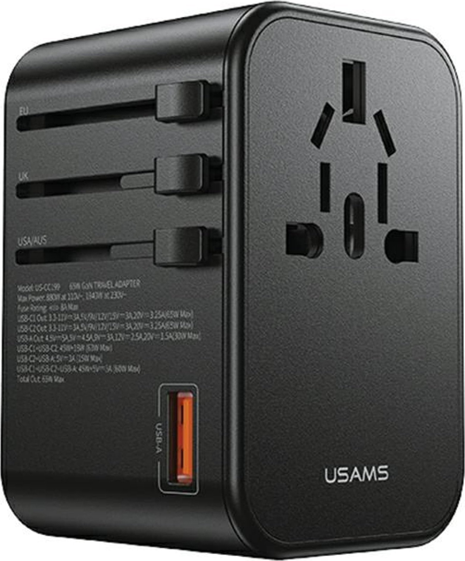 Usams  nabíječka Síťový adaptér 1xUSB+2xUSB-C T62 65W 4v1 USA/AU/EU/UK černá/černá CC199TC01 (US-CC199) Univerzální cestovní nabíječka