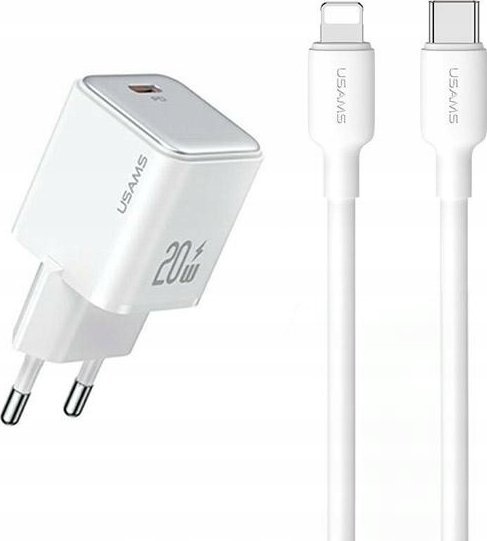 Usams Nabíječka USAMS US-CC183 USB-C 20W PD3.0 síťová nabíječka + kabel US-SJ610 USB-C / Lightning bílá/bílá